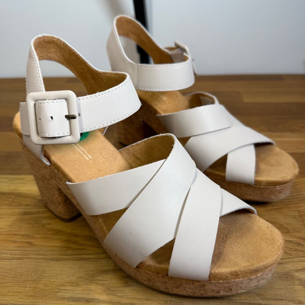 TOMS Ava Cork Sandals Women's 8 Strappy Block Heel 4" Buckle Beige